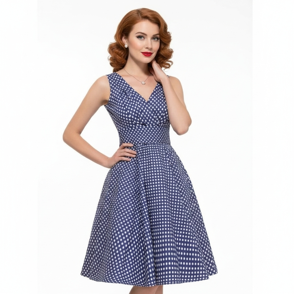 Vintage-Inspired Navy Polka Dot Midi Dress